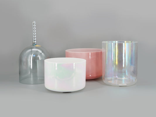 Heart Radiance 4 bowl harmonised set of Alchemy Crystal Tones Quartz Singing Bowl set including Great Heart Practitioner Bowl Mother of Platinum Rose Quartz and Apophyllite and Platinum