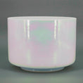 Load image into Gallery viewer, Cylindrical crystal sound bowl with a pastel, iridescent glaze on a gray background

